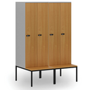 Holzspind S4 mit Sitzbank, 2 Abteile, 1871 x 600 x 500/800 mm, zerlegt, mechanisches Codeschloss, grau/rot