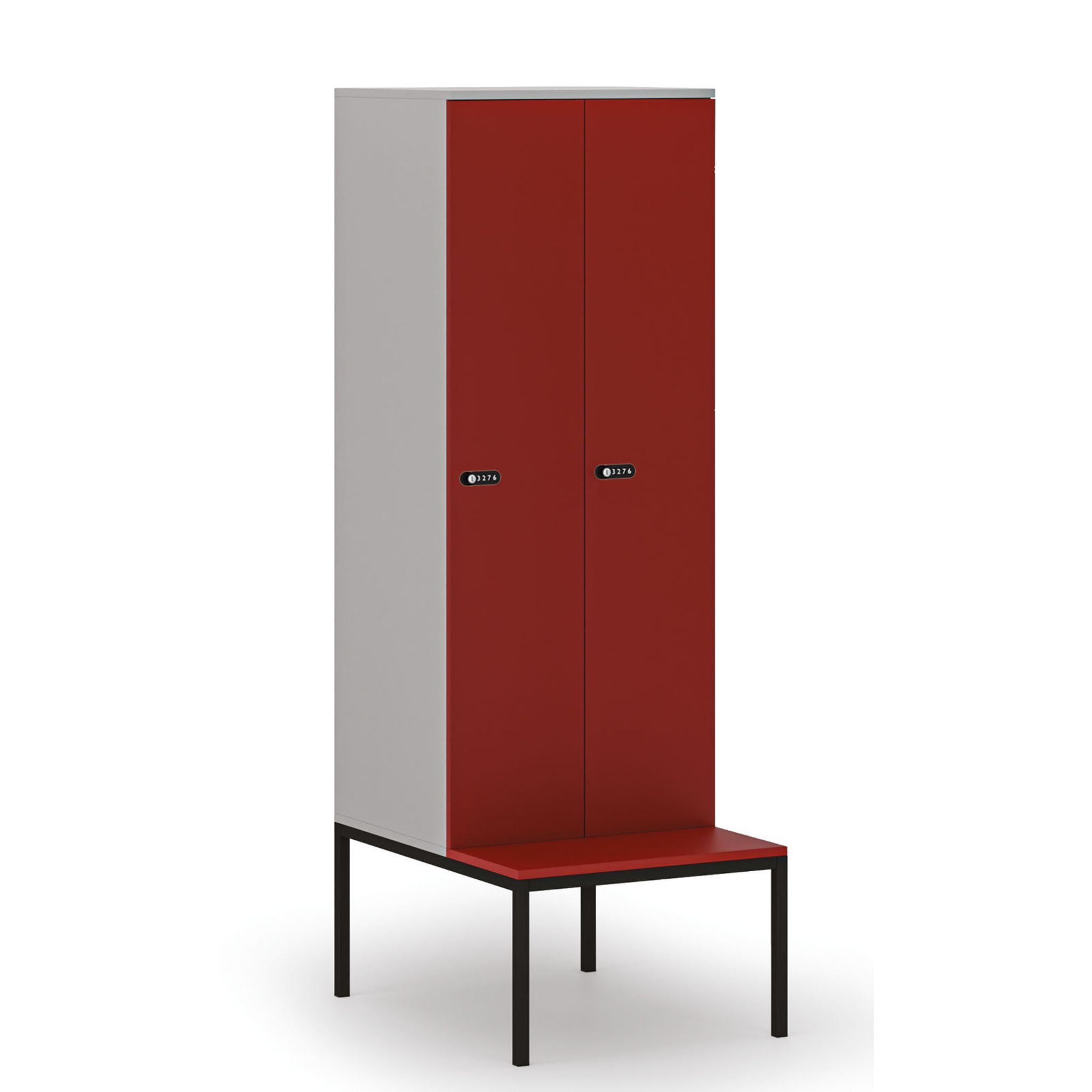 Holzspind S4 mit Sitzbank, 2 Abteile, 1871 x 600 x 500/800 mm, zerlegt, mechanisches Codeschloss, grau/rot Holzspind S4 mit Sitzbank, 2 Abteile, 1871 x 600 x 500/800 mm, zerlegt, mechanisches Codeschloss, grau/rot