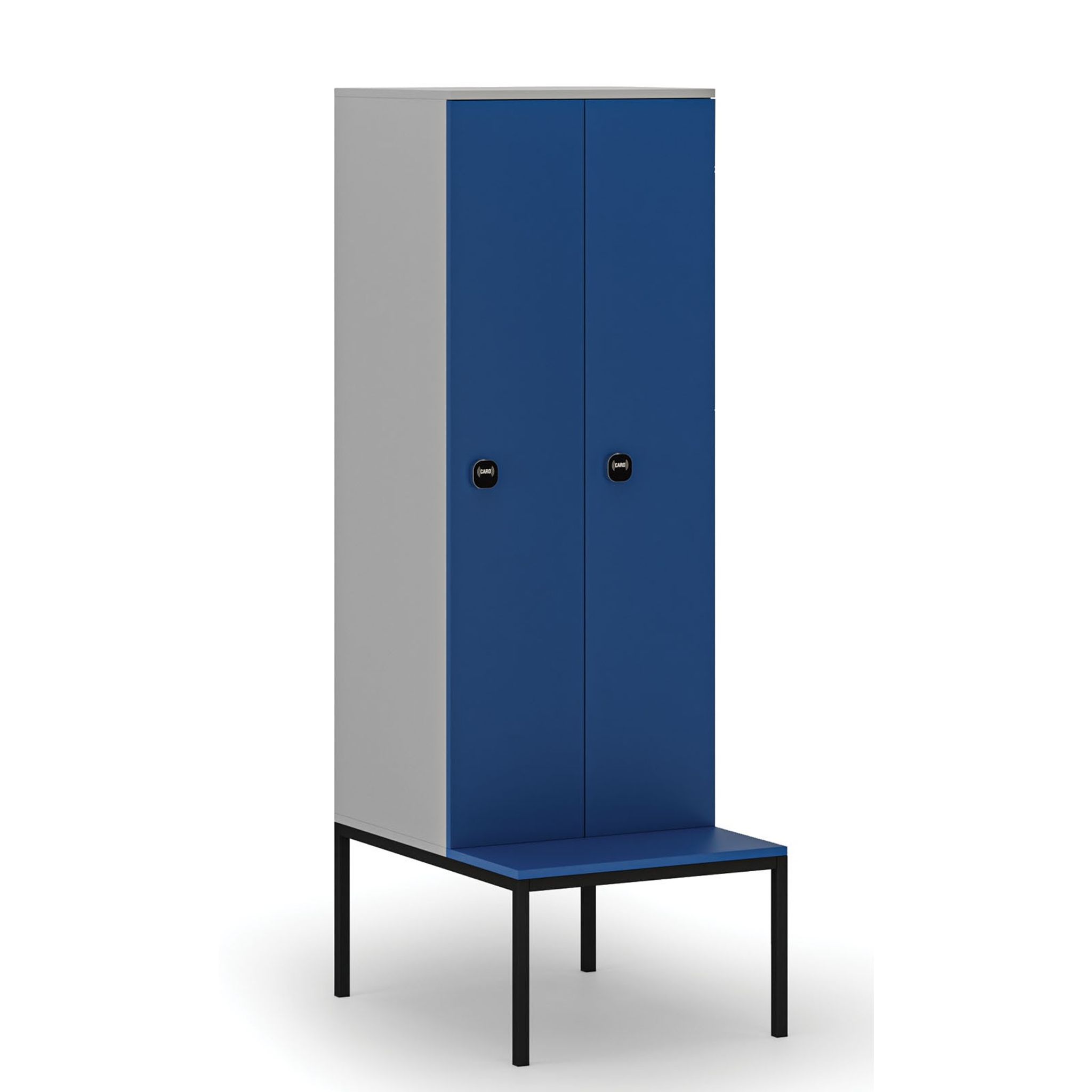 Holzspind S4 mit Sitzbank, 2 Abteile, 1871 x 600 x 500/800 mm, zerlegt, RFID-Schloss, grau/blau