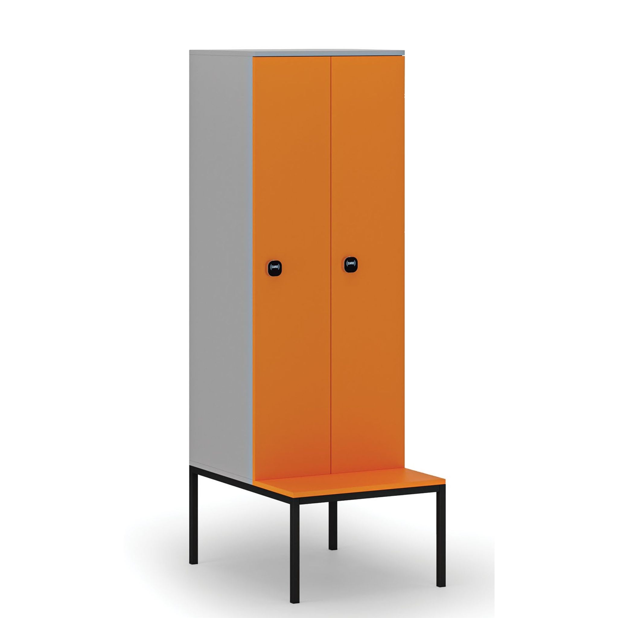 Holzspind S4 mit Sitzbank, 2 Abteile, 1871 x 600 x 500/800 mm, zerlegt, RFID-Schloss, grau/orange