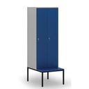 Holzspind S4 mit Sitzbank, 2 Abteile, 1871 x 600 x 500/800 mm, zerlegt, Zylinderschloss, grau/blau