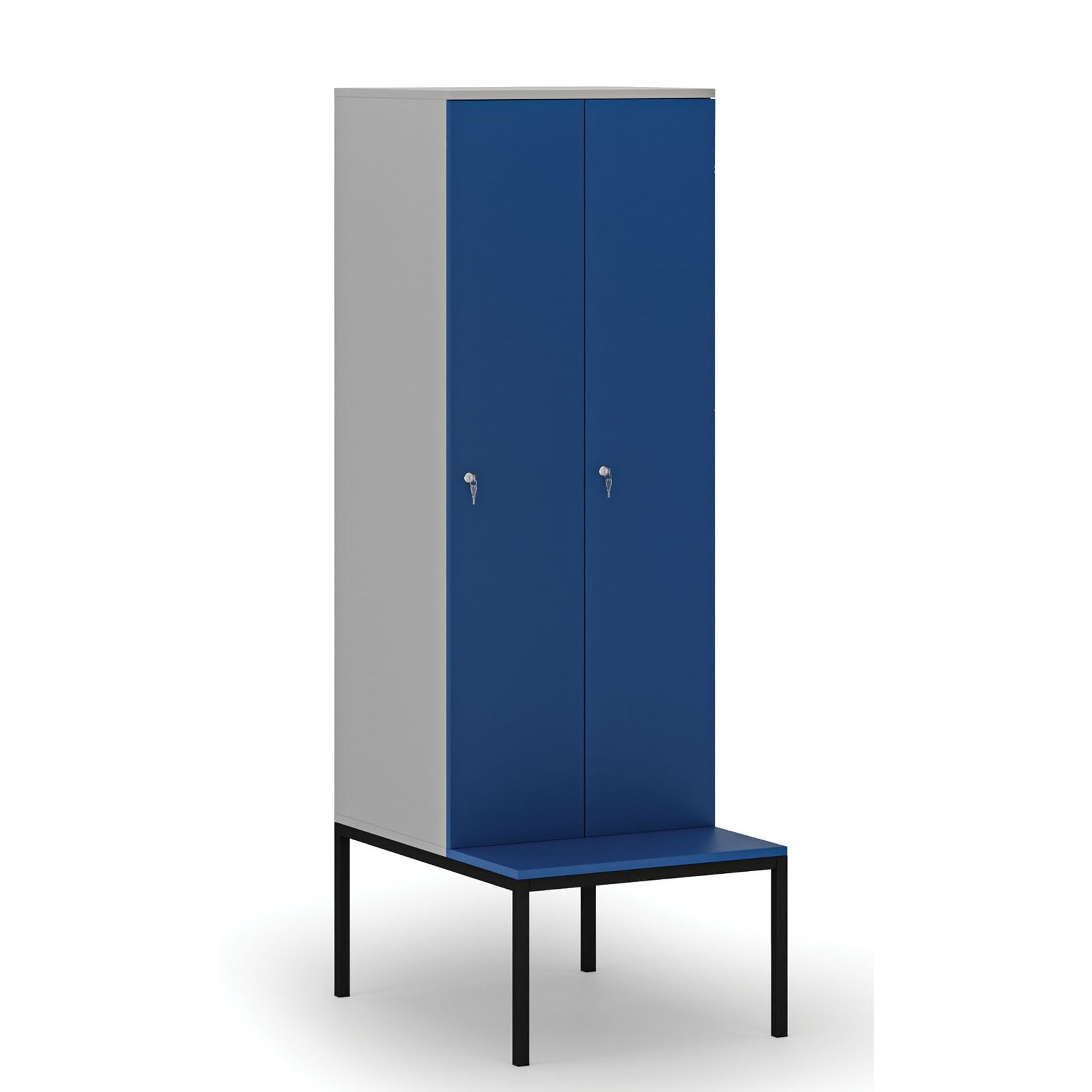 Holzspind S4 mit Sitzbank, 2 Abteile, 1871 x 600 x 500/800 mm, zerlegt, Zylinderschloss, grau/blau