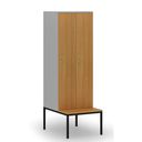 Holzspind S4 mit Sitzbank, 2 Abteile, 1871 x 600 x 500/800 mm, zerlegt, Zylinderschloss, grau/Buche