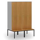 Holzspind S4 mit Sitzbank, 2 Abteile, 1871 x 600 x 500/800 mm, zerlegt, Zylinderschloss, grau/grün