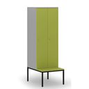 Holzspind S4 mit Sitzbank, 2 Abteile, 1871 x 600 x 500/800 mm, zerlegt, Zylinderschloss, grau/grün