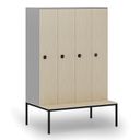 Holzspind S4 mit Sitzbank, 4 Abteile, 1871 x 1200 x 500/800 mm, zerlegt, Codeschloss, grau/Birke