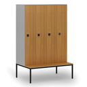 Holzspind S4 mit Sitzbank, 4 Abteile, 1871 x 1200 x 500/800 mm, zerlegt, Codeschloss, grau/Buche