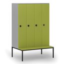 Holzspind S4 mit Sitzbank, 4 Abteile, 1871 x 1200 x 500/800 mm, zerlegt, Codeschloss, grau/grün