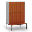 Holzspind S4 mit Sitzbank, 4 Abteile, 1871 x 1200 x 500/800 mm, zerlegt, Codeschloss, grau/Kirschbaum