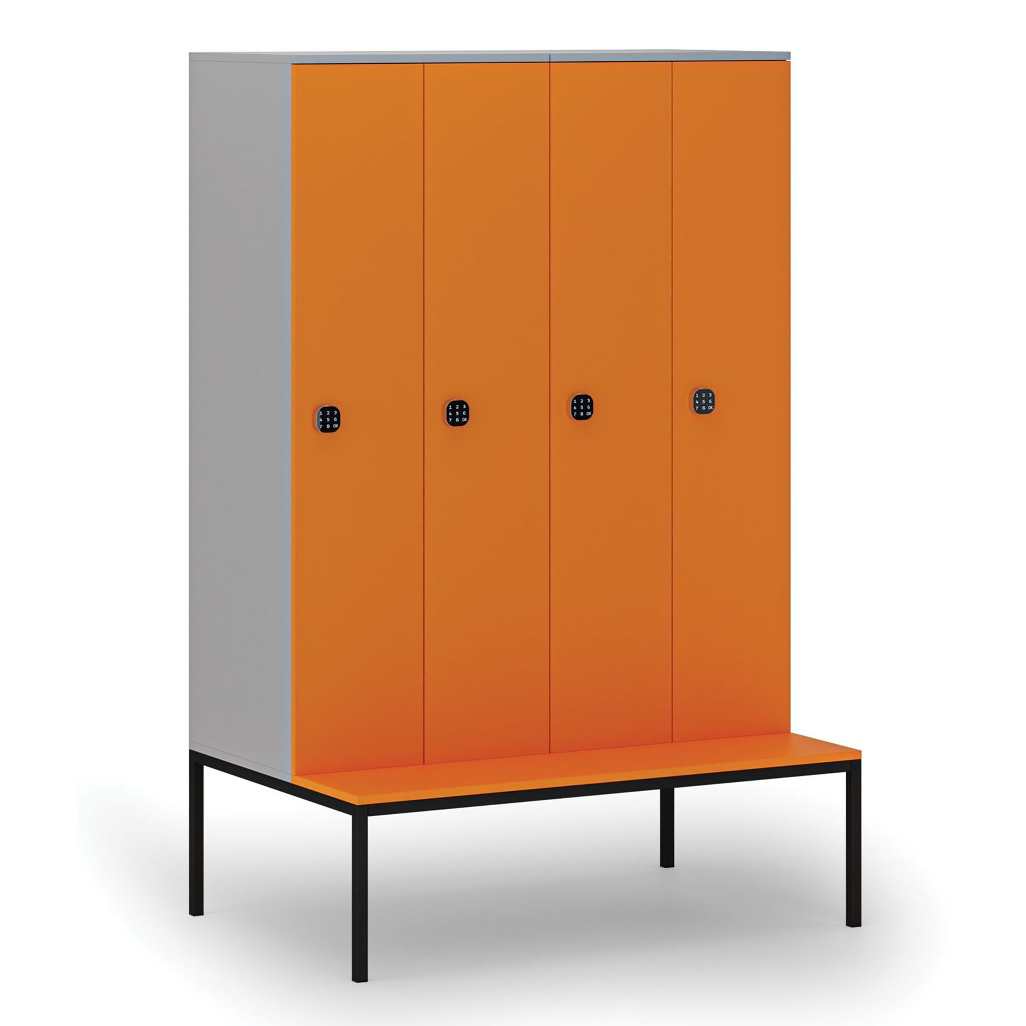 Holzspind S4 mit Sitzbank, 4 Abteile, 1871 x 1200 x 500/800 mm, zerlegt, Codeschloss, grau/orange