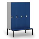 Holzspind S4 mit Sitzbank, 4 Abteile, 1871 x 1200 x 500/800 mm, zerlegt, Drehriegelschloss, grau/blau