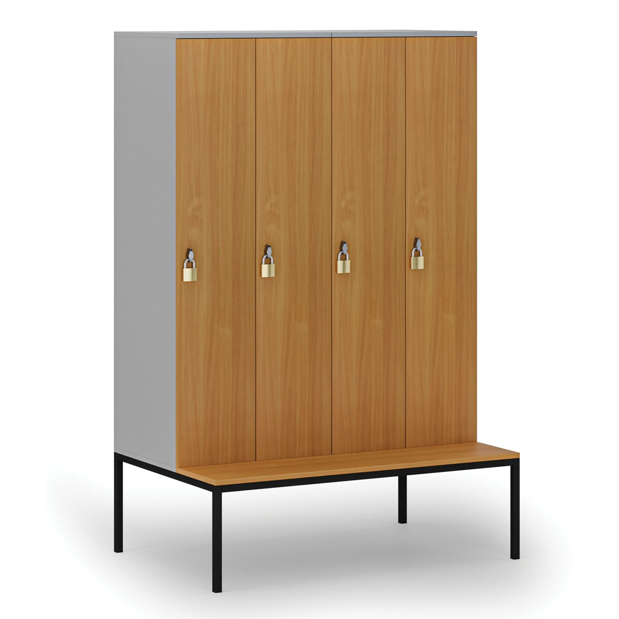 Holzspind S4 mit Sitzbank, 4 Abteile, 1871 x 1200 x 500/800 mm, zerlegt, Drehriegelschloss, grau/Buche