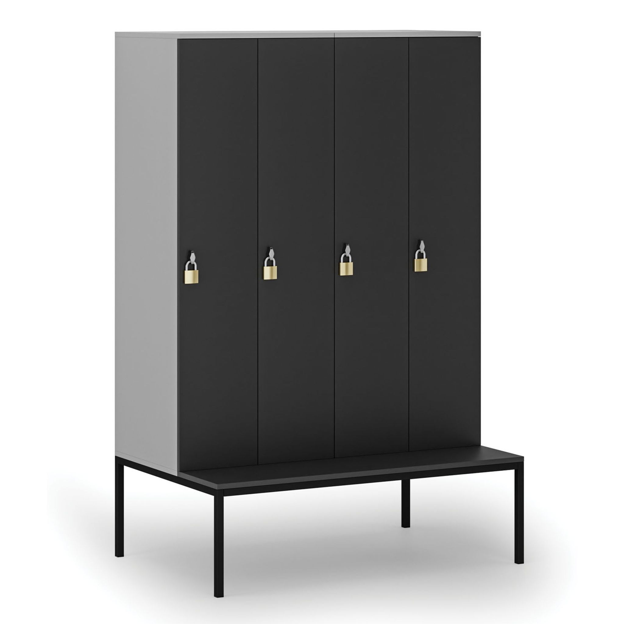 Holzspind S4 mit Sitzbank, 4 Abteile, 1871 x 1200 x 500/800 mm, zerlegt, Drehriegelschloss, grau/Graphit