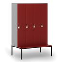 Holzspind S4 mit Sitzbank, 4 Abteile, 1871 x 1200 x 500/800 mm, zerlegt, Drehriegelschloss, grau/rot