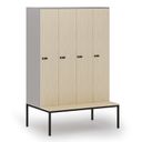 Holzspind S4 mit Sitzbank, 4 Abteile, 1871 x 1200 x 500/800 mm, zerlegt, mechanisches Codeschloss, grau/Birke Holzspind S4 mit Sitzbank, 4 Abteile, 1871 x 1200 x 500/800 mm, zerlegt, mechanisches Codeschloss, grau/Birke