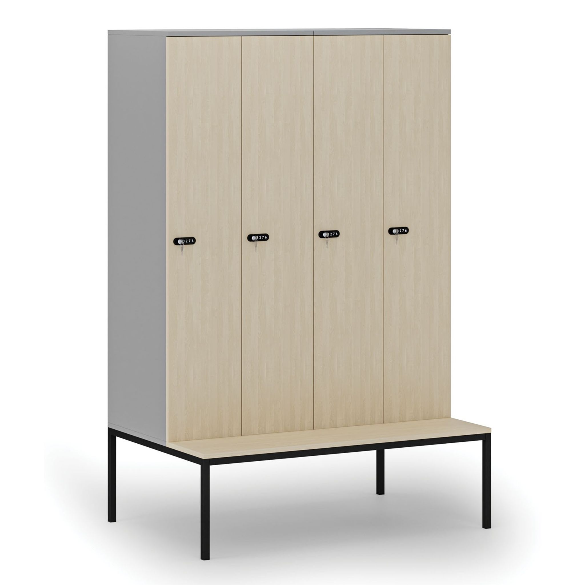 Holzspind S4 mit Sitzbank, 4 Abteile, 1871 x 1200 x 500/800 mm, zerlegt, mechanisches Codeschloss