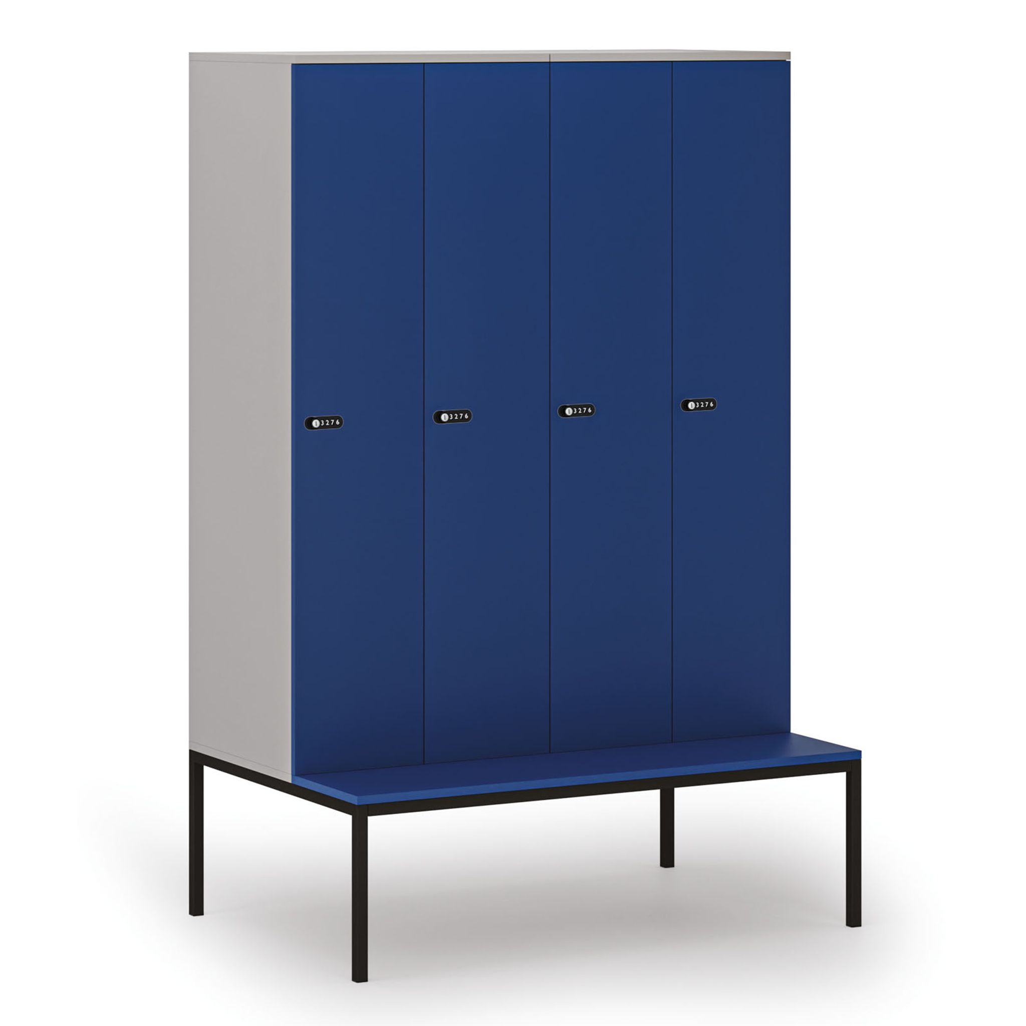 Holzspind S4 mit Sitzbank, 4 Abteile, 1871 x 1200 x 500/800 mm, zerlegt, mechanisches Codeschloss, grau/blau Holzspind S4 mit Sitzbank, 4 Abteile, 1871 x 1200 x 500/800 mm, zerlegt, mechanisches Codeschloss, grau/blau