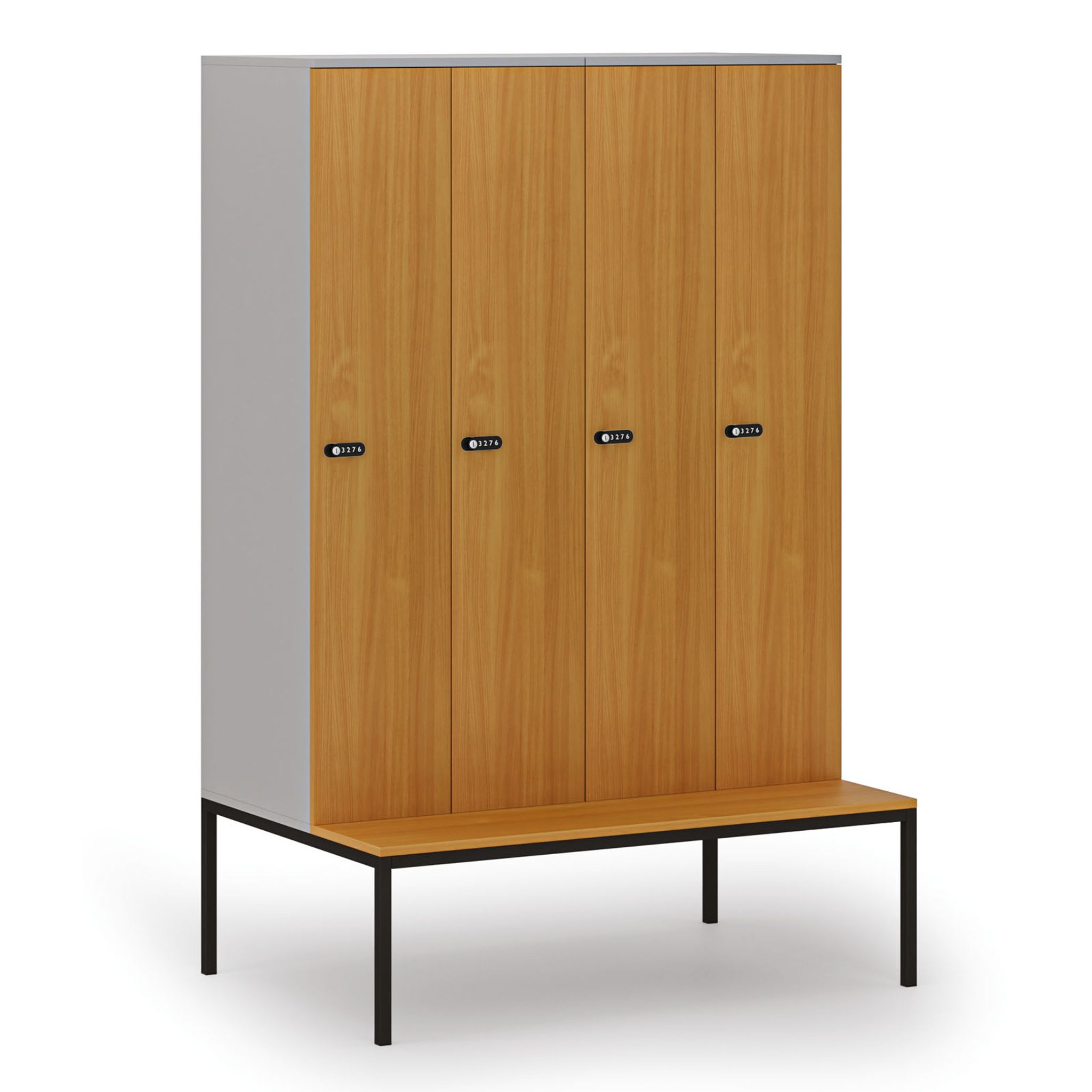 Holzspind S4 mit Sitzbank, 4 Abteile, 1871 x 1200 x 500/800 mm, zerlegt, mechanisches Codeschloss, grau/Buche Holzspind S4 mit Sitzbank, 4 Abteile, 1871 x 1200 x 500/800 mm, zerlegt, mechanisches Codeschloss, grau/Buche