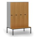 Holzspind S4 mit Sitzbank, 4 Abteile, 1871 x 1200 x 500/800 mm, zerlegt, mechanisches Codeschloss, grau/Buche