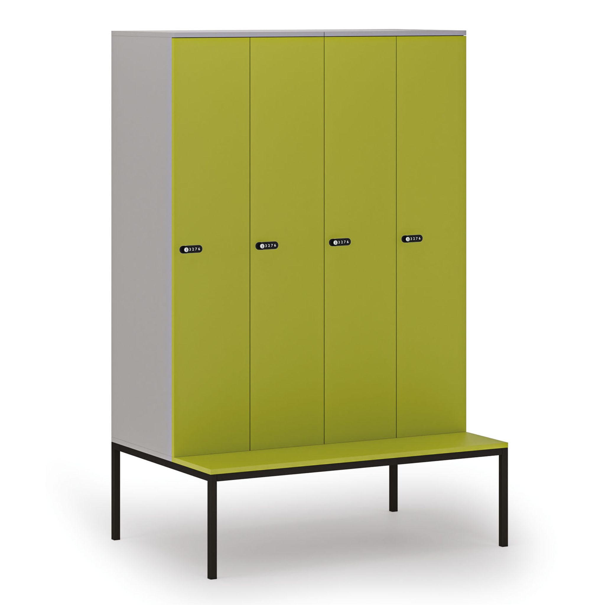 Holzspind S4 mit Sitzbank, 4 Abteile, 1871 x 1200 x 500/800 mm, zerlegt, mechanisches Codeschloss, grau/grün Holzspind S4 mit Sitzbank, 4 Abteile, 1871 x 1200 x 500/800 mm, zerlegt, mechanisches Codeschloss, grau/grün