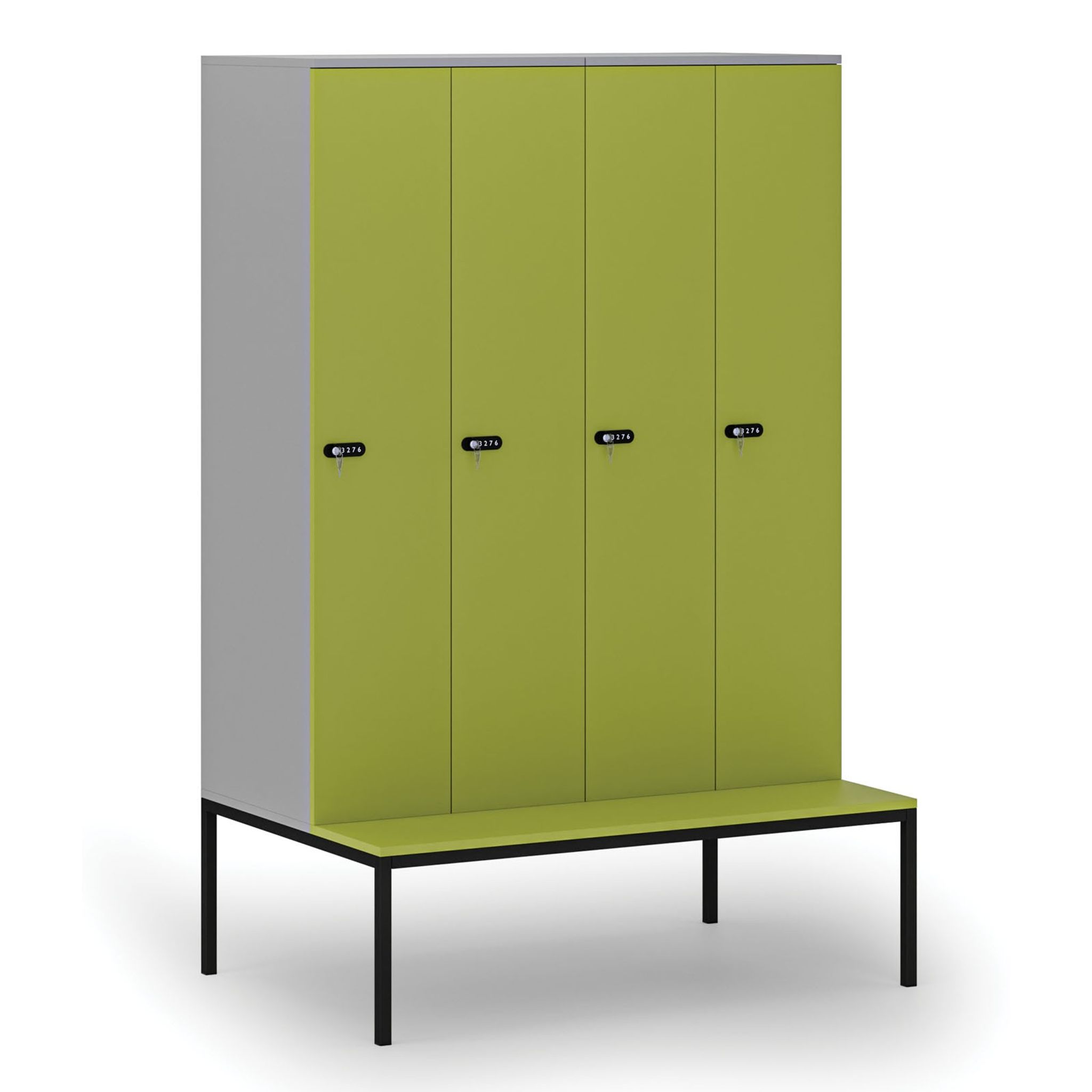 Holzspind S4 mit Sitzbank, 4 Abteile, 1871 x 1200 x 500/800 mm, zerlegt, mechanisches Codeschloss, grau/grün