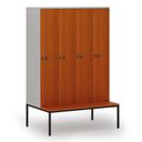 Holzspind S4 mit Sitzbank, 4 Abteile, 1871 x 1200 x 500/800 mm, zerlegt, mechanisches Codeschloss, grau/Kirschbaum