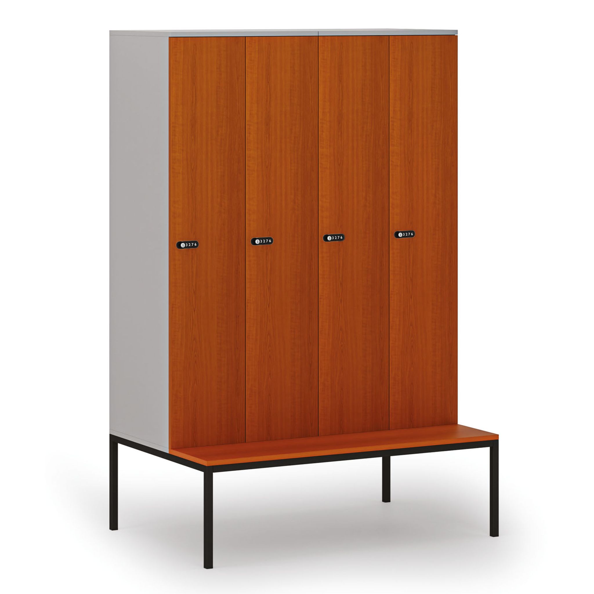Holzspind S4 mit Sitzbank, 4 Abteile, 1871 x 1200 x 500/800 mm, zerlegt, mechanisches Codeschloss, grau/Kirschbaum Holzspind S4 mit Sitzbank, 4 Abteile, 1871 x 1200 x 500/800 mm, zerlegt, mechanisches Codeschloss, grau/Kirschbaum