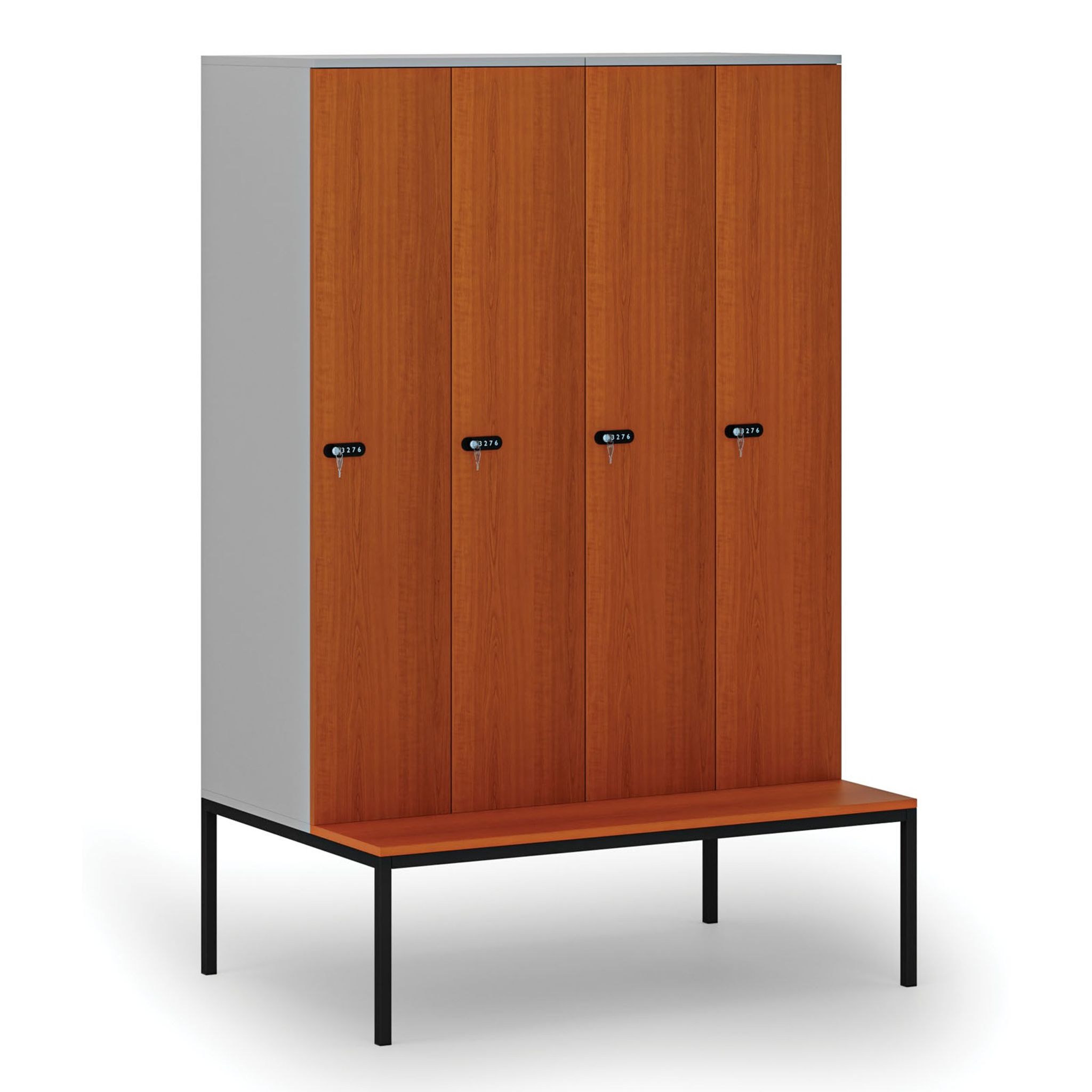 Holzspind S4 mit Sitzbank, 4 Abteile, 1871 x 1200 x 500/800 mm, zerlegt, mechanisches Codeschloss, grau/Kirschbaum