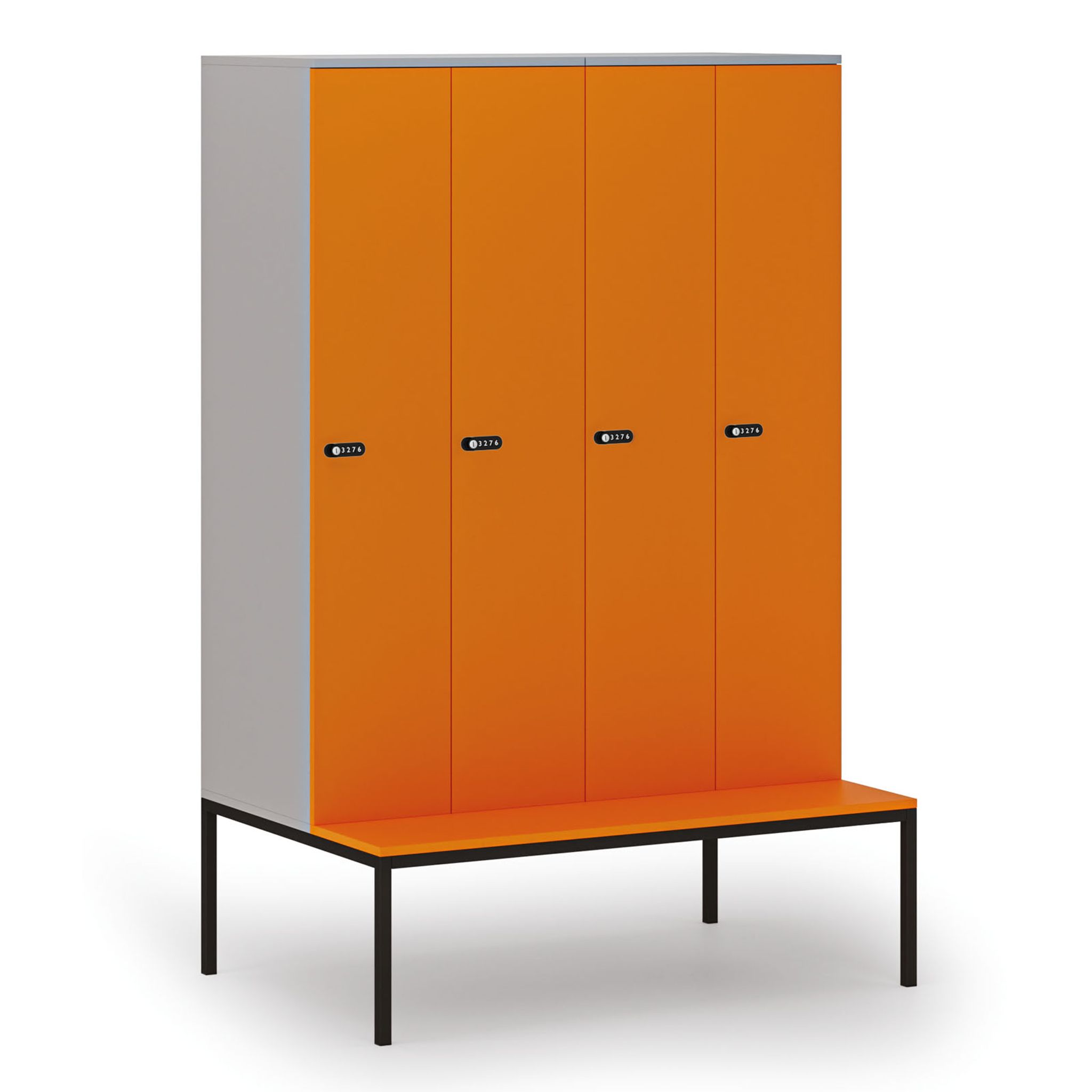 Holzspind S4 mit Sitzbank, 4 Abteile, 1871 x 1200 x 500/800 mm, zerlegt, mechanisches Codeschloss, grau/orange Holzspind S4 mit Sitzbank, 4 Abteile, 1871 x 1200 x 500/800 mm, zerlegt, mechanisches Codeschloss, grau/orange