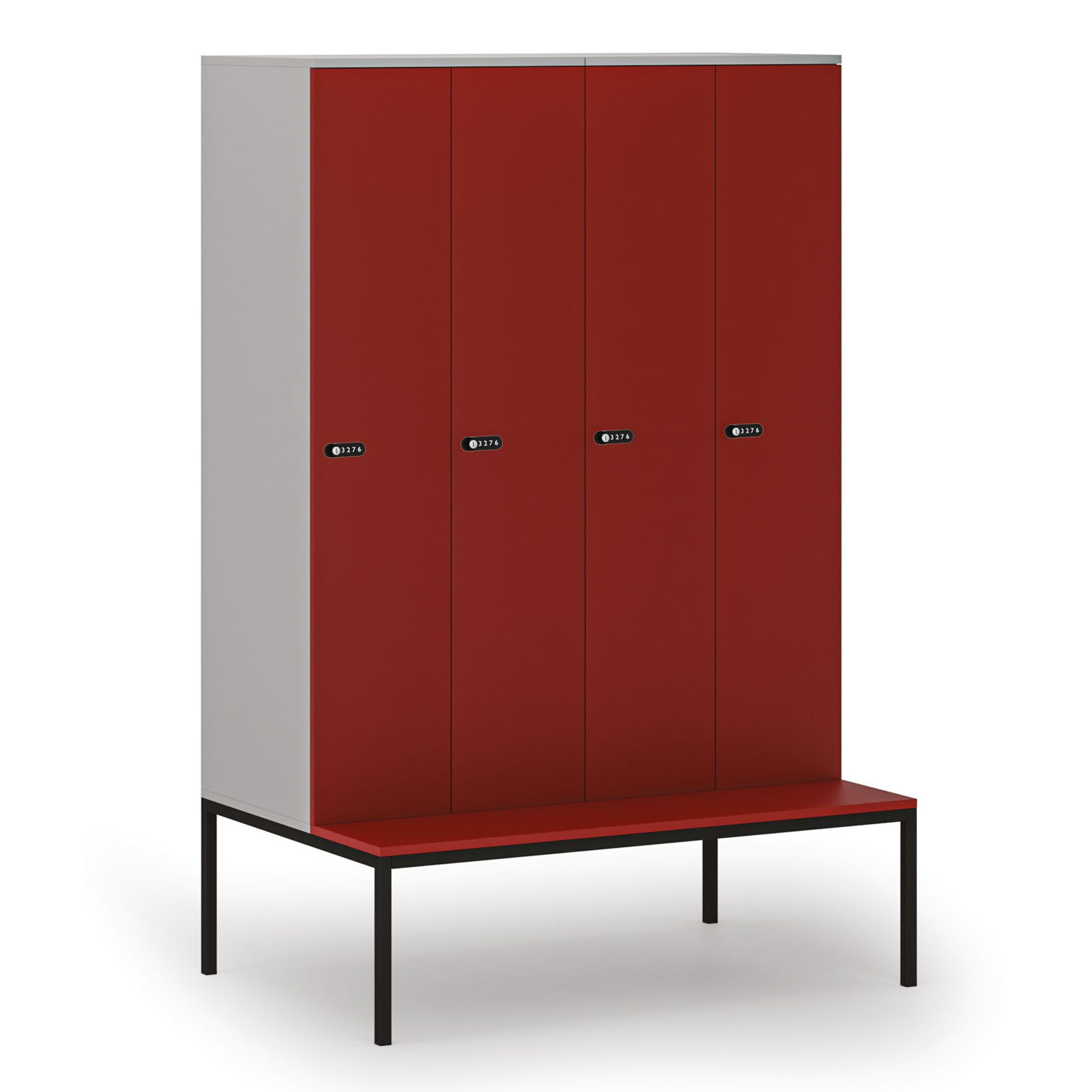 Holzspind S4 mit Sitzbank, 4 Abteile, 1871 x 1200 x 500/800 mm, zerlegt, mechanisches Codeschloss, grau/rot Holzspind S4 mit Sitzbank, 4 Abteile, 1871 x 1200 x 500/800 mm, zerlegt, mechanisches Codeschloss, grau/rot