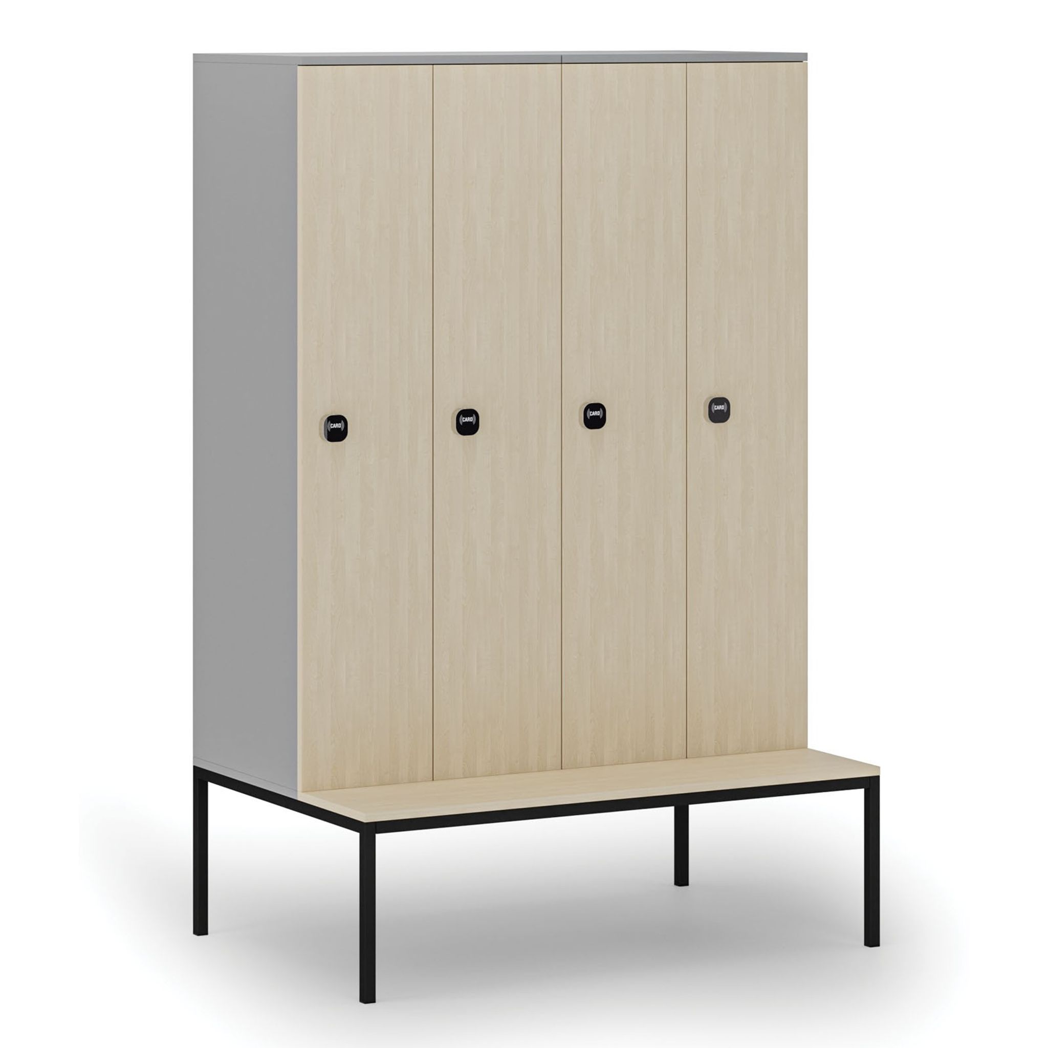 Holzspind S4 mit Sitzbank, 4 Abteile, 1871 x 1200 x 500/800 mm, zerlegt, RFID-Schloss