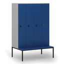 Holzspind S4 mit Sitzbank, 4 Abteile, 1871 x 1200 x 500/800 mm, zerlegt, RFID-Schloss, grau/blau
