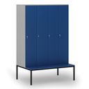 Holzspind S4 mit Sitzbank, 4 Abteile, 1871 x 1200 x 500/800 mm, zerlegt, Zylinderschloss, grau/blau