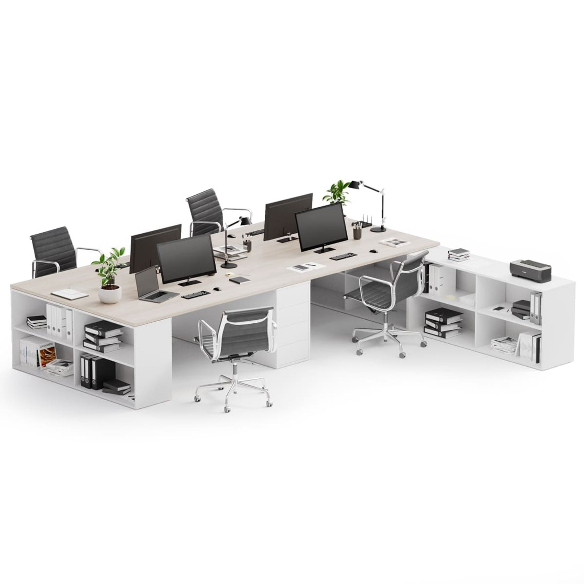 Kancelářská sestava stolů BLOCK B05, 4 místa s úložným prostorem, 360x320 cm, bílá/dub přírodní