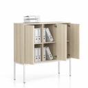 Kancelářská skříň FRAME, nízká, bílá podnož, 3x dveře, 1299 x 450 x 1331 mm, PUSH-lock, dub přírodní