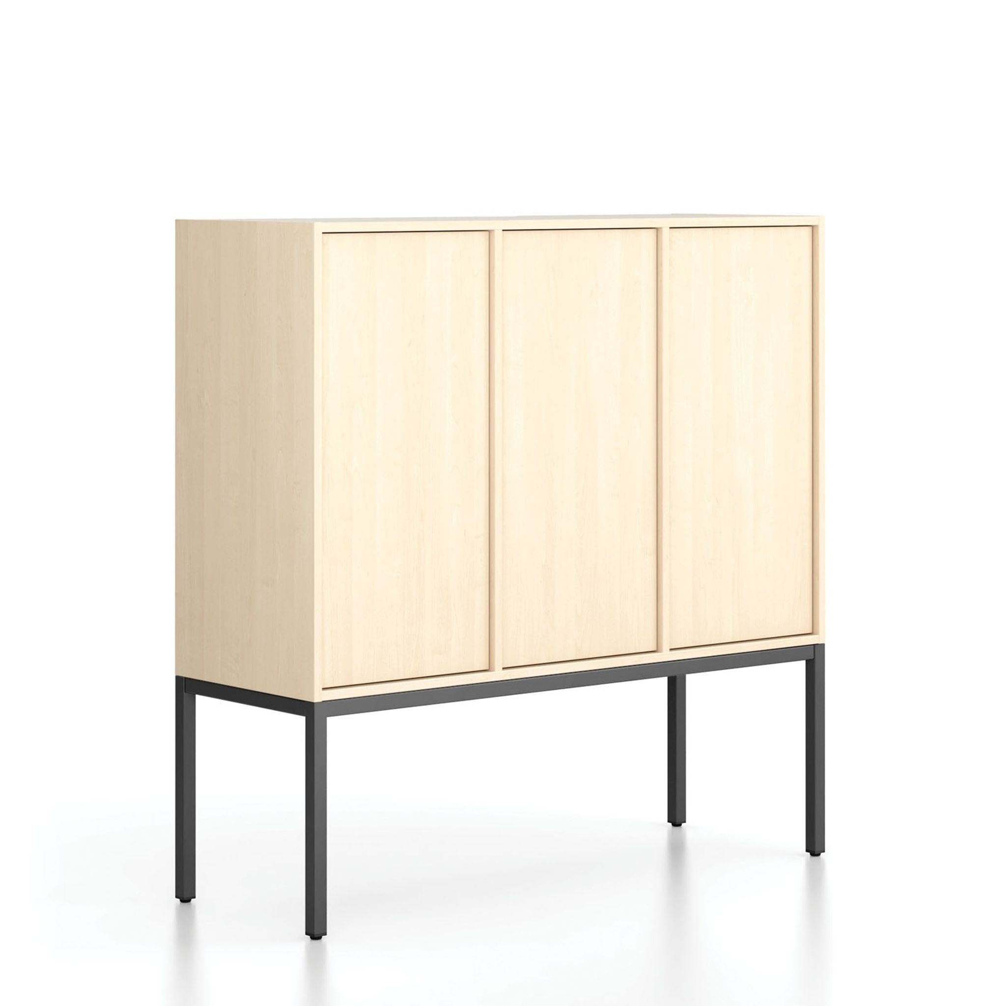 Kancelářská skříň FRAME, nízká, černá podnož, 3x dveře, 1299 x 450 x 1331 mm, PUSH-lock, bříza