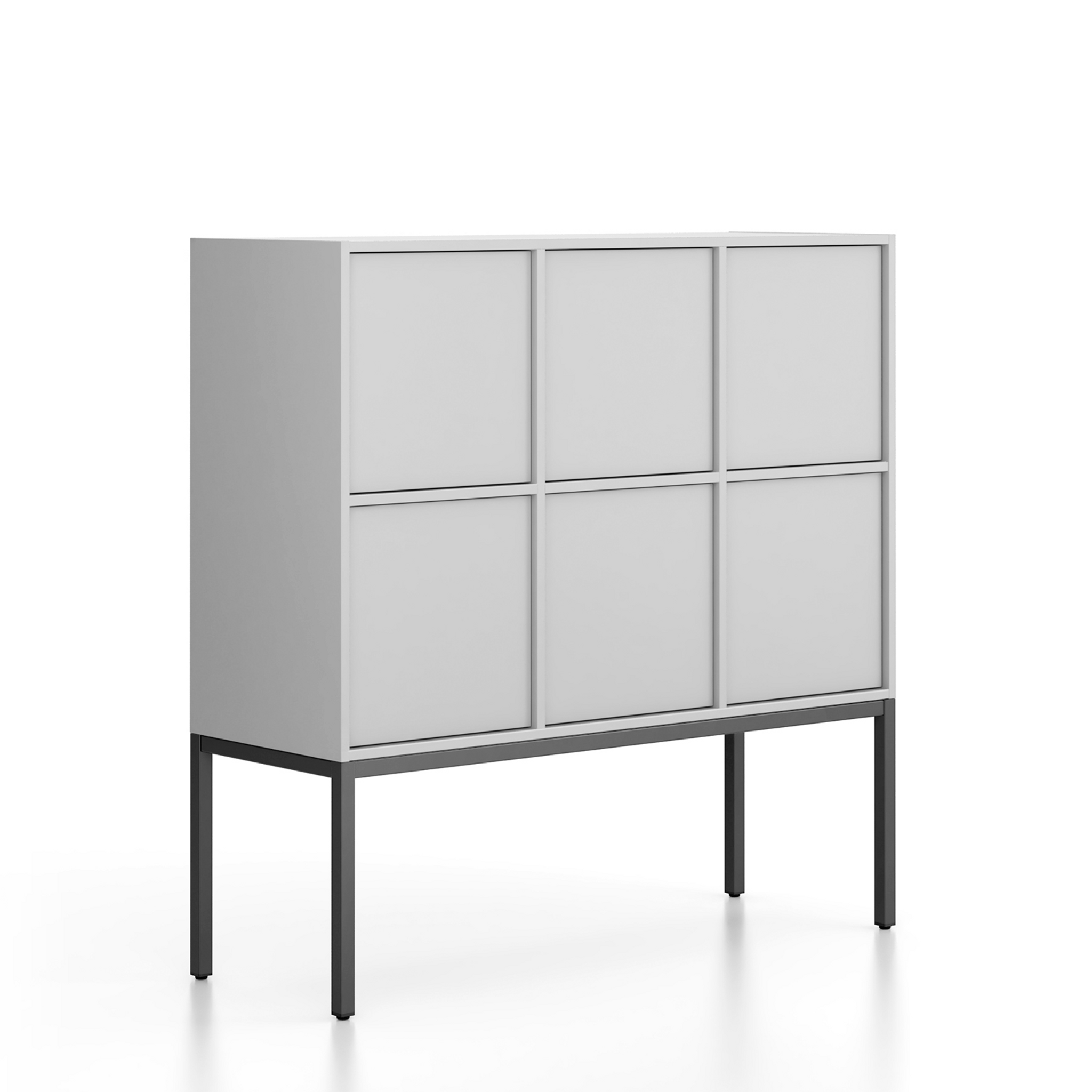 Kancelářská skříň FRAME, nízká, černá podnož, 6x dveře, 1299 x 450 x 1331 mm, PUSH-lock, šedá