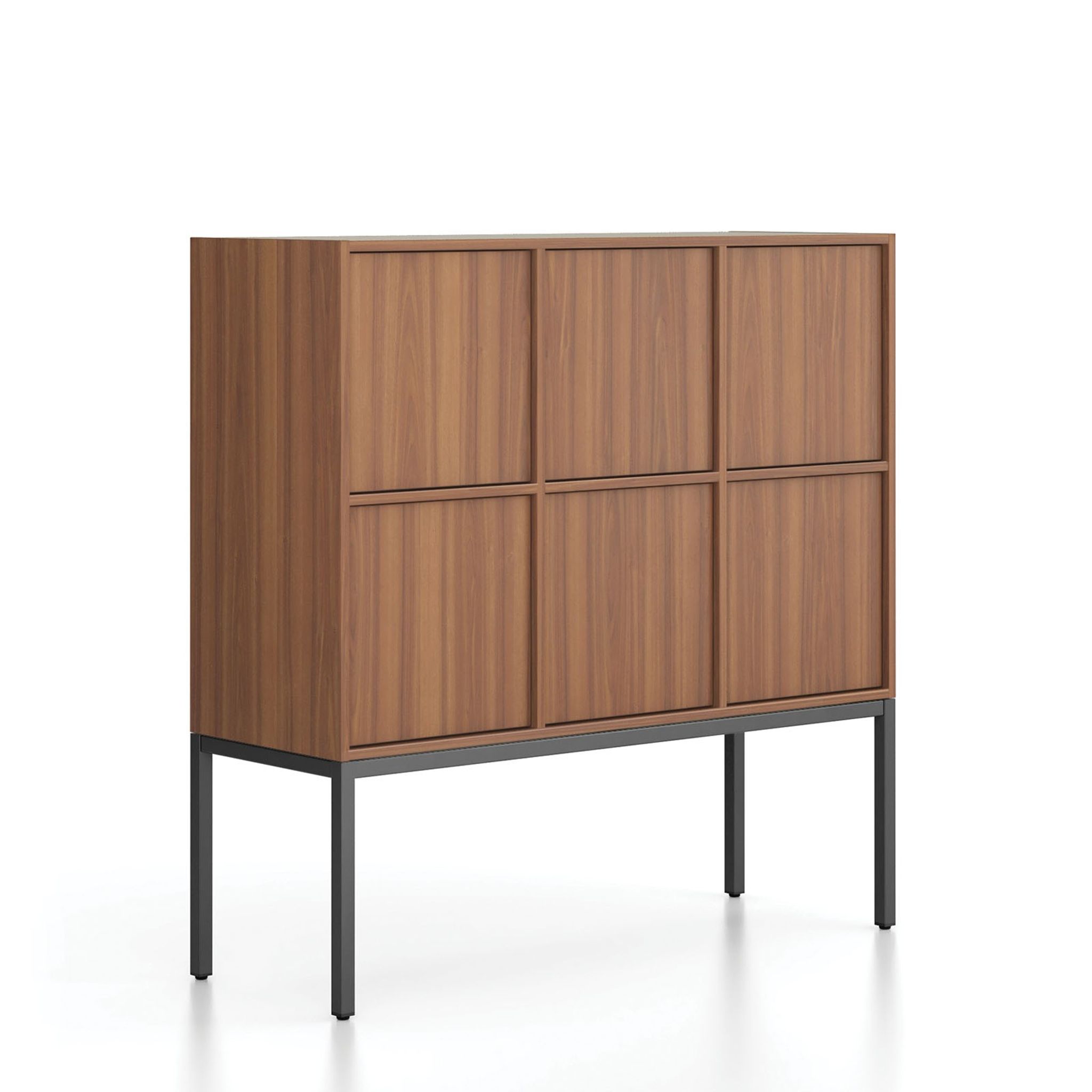 Kancelářská skříň FRAME, nízká, černá podnož, 6x dveře, 1299 x 450 x 1331 mm, zámek PUSH-lock, ořech