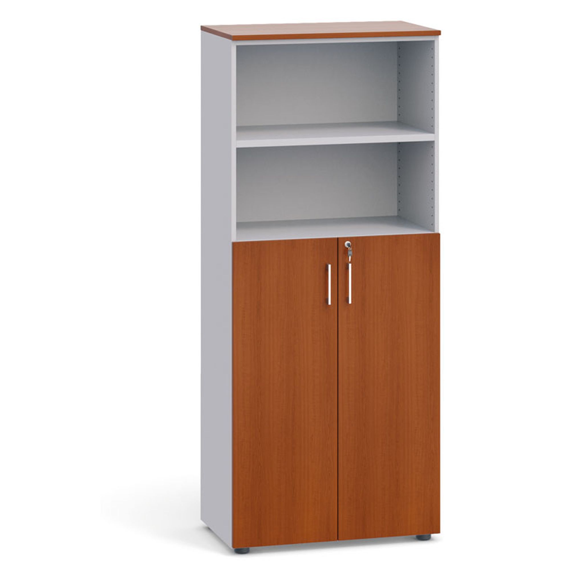 Kancelářská skříň PRIMO 2023, dveře na 3 patra, 800 x 420 x 1781 mm, šedá / třešeň