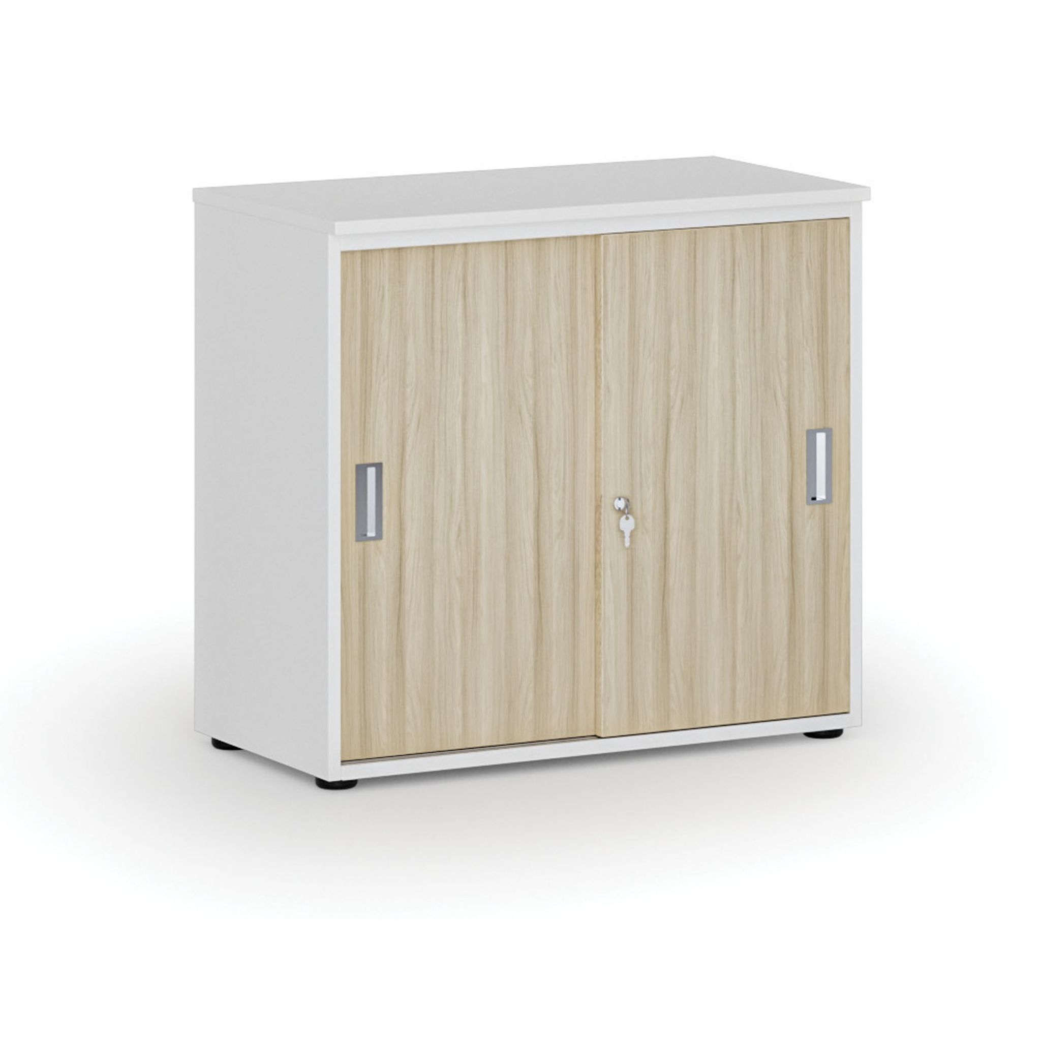 Kancelářská skříň se zasouvacími dveřmi PRIMO WHITE, 800 x 420 x 740 mm, bílá/dub přírodní