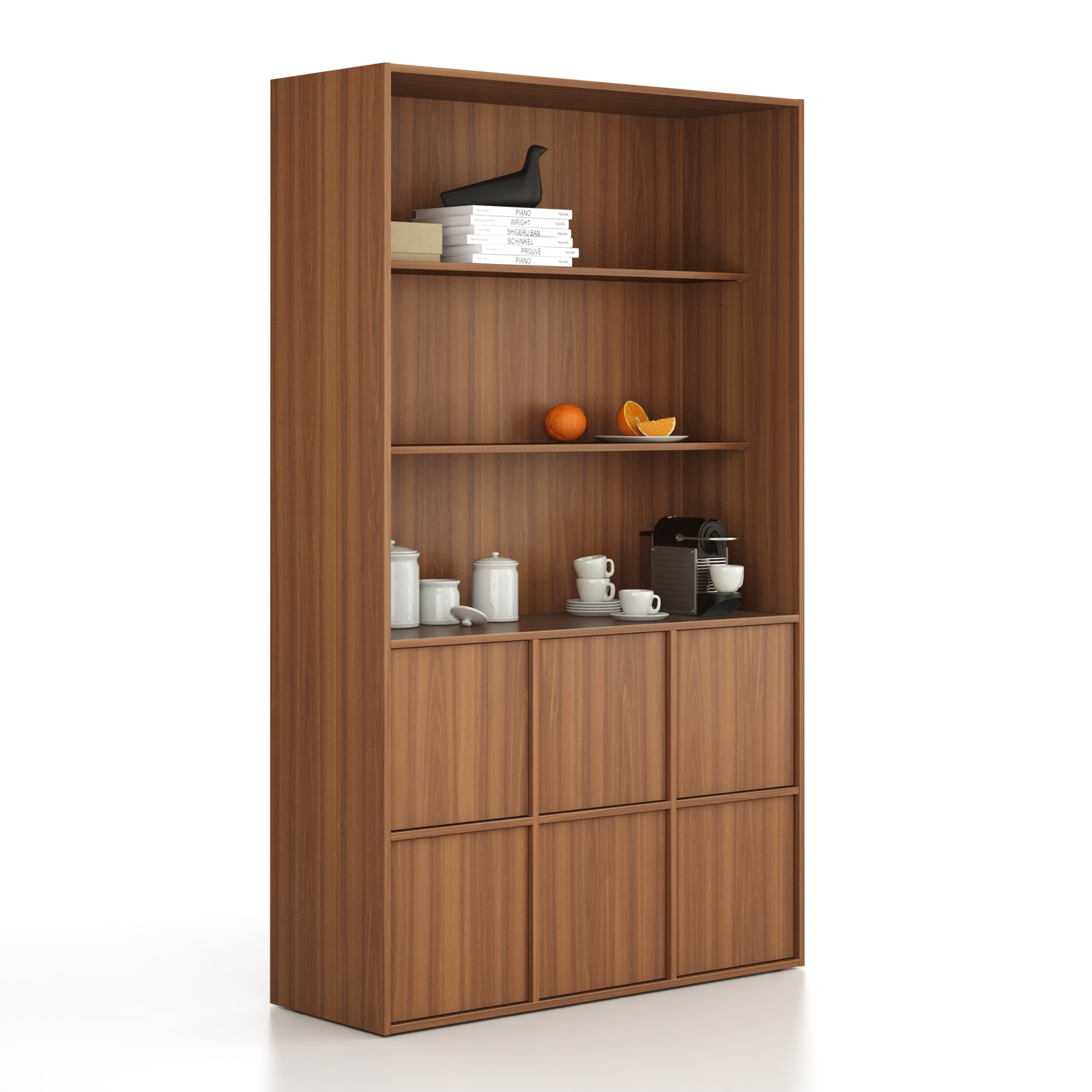 Fotografia produktu: Kancelárska skriňa FRAME, 6x dvere, 2x polica, 1299 x 450 x 2162 mm, PUSH-lock, orech