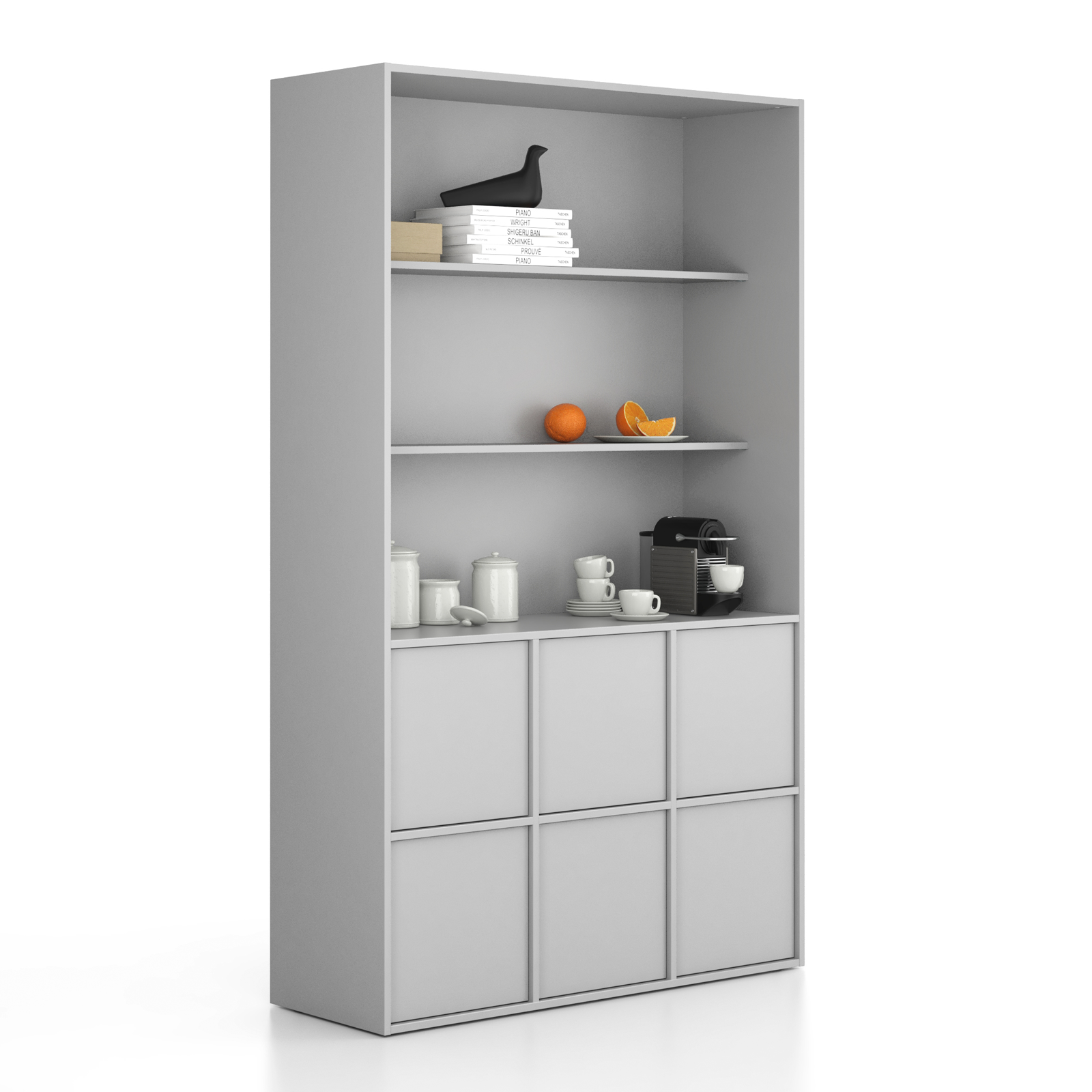 Fotografia produktu: Kancelárska skriňa FRAME, 6x dvere, 2x polica, 1299 x 450 x 2162 mm, PUSH-lock, sivá