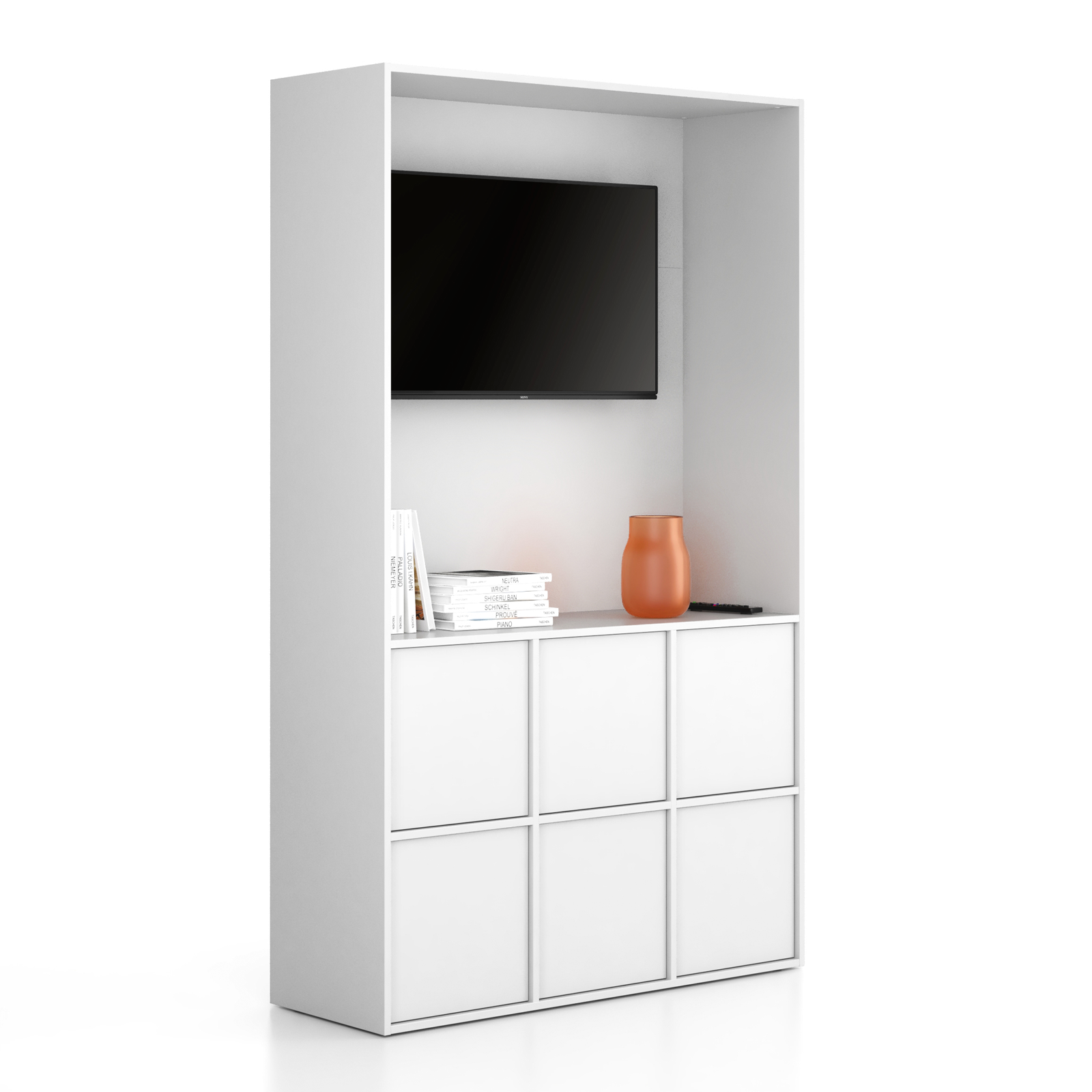 Fotografia produktu: Kancelárska skriňa FRAME, 6x dvere, priestor pre TV, 1299 x 450 x 2162 mm, PUSH-lock, biela