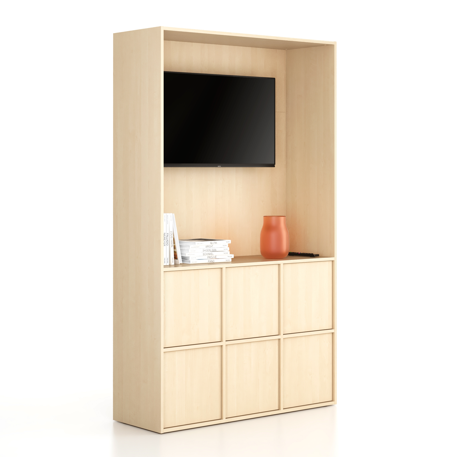 Fotografia produktu: Kancelárska skriňa FRAME, 6x dvere, priestor pre TV, 1299 x 450 x 2162 mm, PUSH-lock, breza
