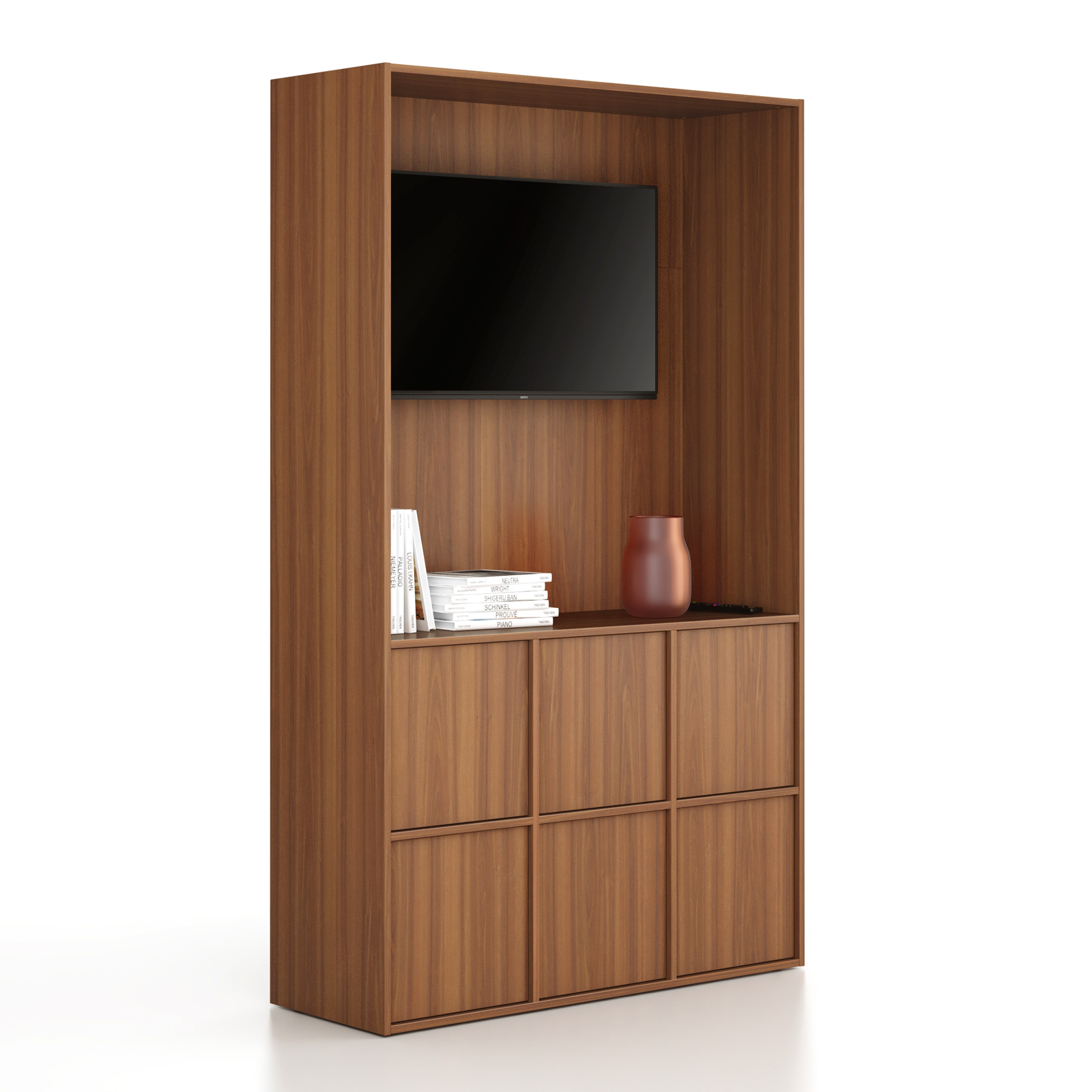 Fotografia produktu: Kancelárska skriňa FRAME, 6x dvere, priestor pre TV, 1299 x 450 x 2162 mm, PUSH-lock, orech