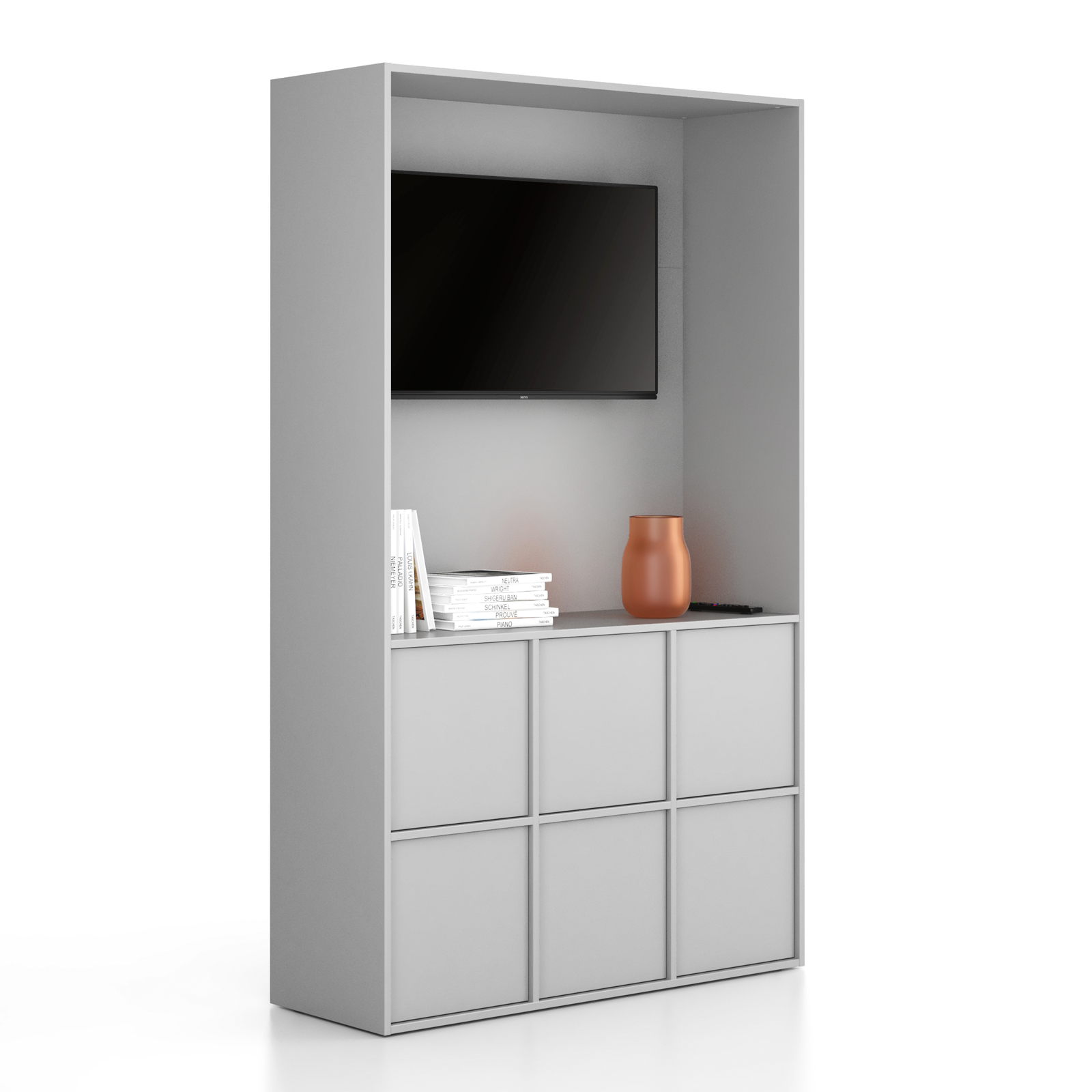 Fotografia produktu: Kancelárska skriňa FRAME, 6x dvere, priestor pre TV, 1299 x 450 x 2162 mm, PUSH-lock, sivá
