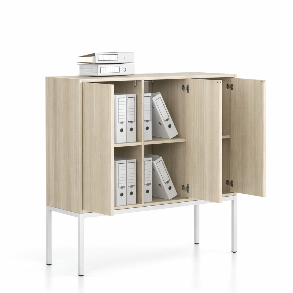 Fotografia produktu: Kancelárska skriňa FRAME, nízka, biela podnož, 3x dvere, 1299 x 450 x 1331 mm, PUSH-lock, dub prírodný