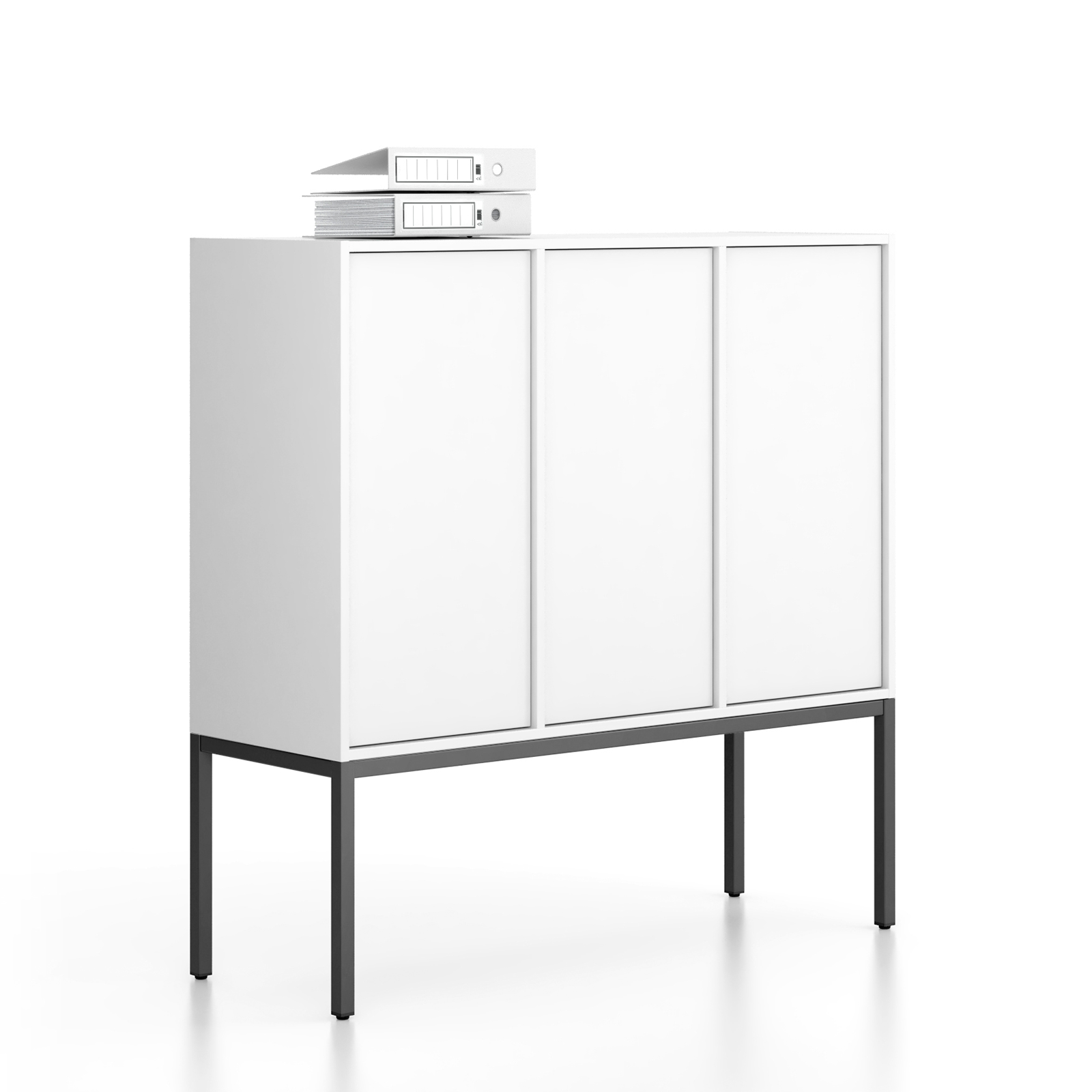 Fotografia produktu: Kancelárska skriňa FRAME, nízka, čierna podnož, 3x dvere, 1299 x 450 x 1331 mm, PUSH-lock, biela