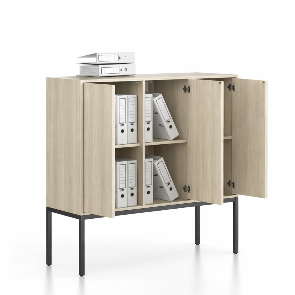 Fotografia produktu: Kancelárska skriňa FRAME, nízka, čierna podnož, 3x dvere, 1299 x 450 x 1331 mm, PUSH-lock, dub prírodný