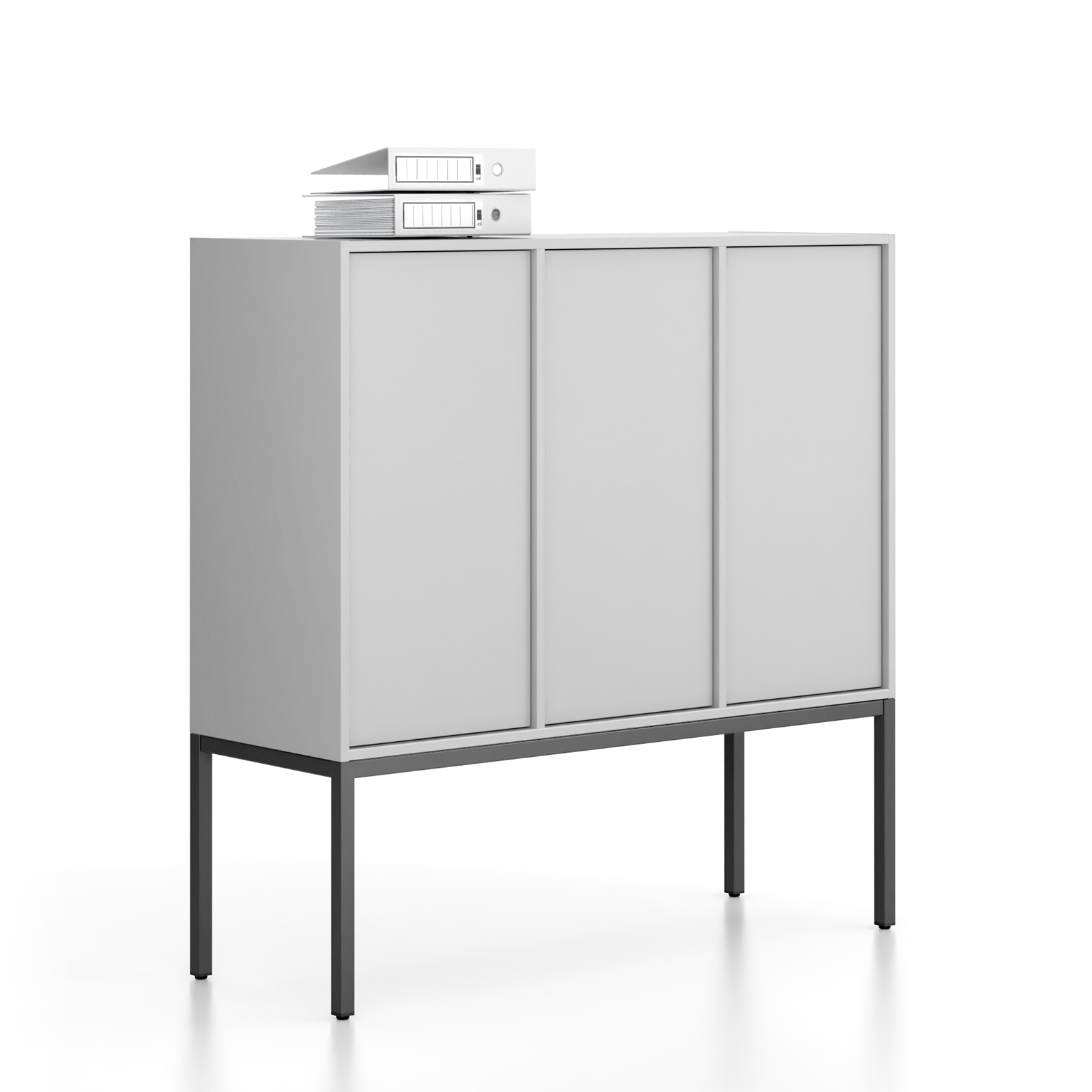 Fotografia produktu: Kancelárska skriňa FRAME, nízka, čierna podnož, 3x dvere, 1299 x 450 x 1331 mm, PUSH-lock, sivá